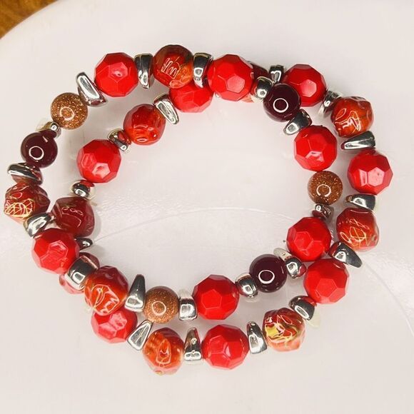 2 Vintage Bracelet Silver Tone Spacer Red Lucite Goldstone  Beaded Stretch 4708 - Picture 3 of 5